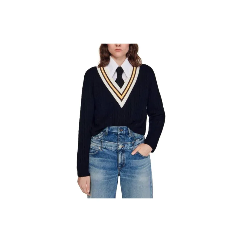 Sandro Contrast V Neck Jumper Knitwear Women's Black-1