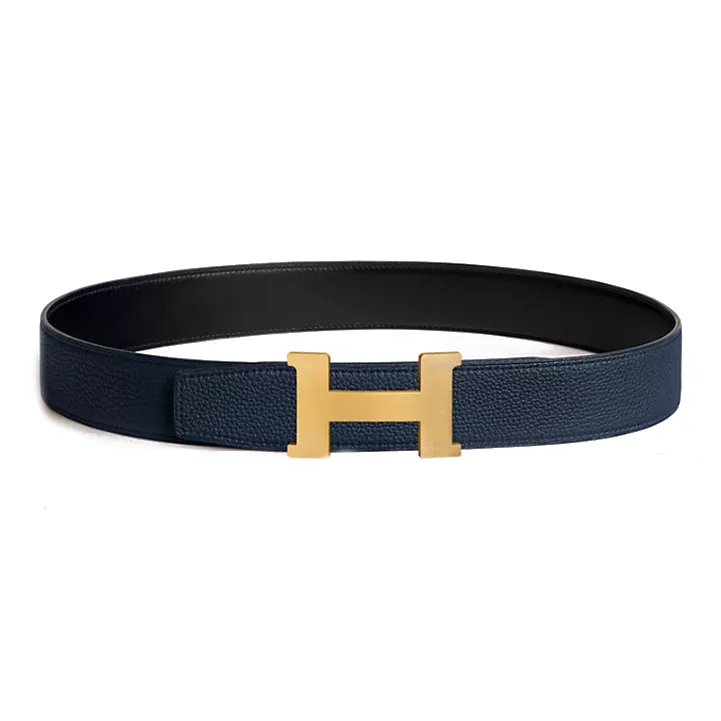 HERMES Calfskin Sterling Silver Leather Belts Women's Black/Blue Width: 3.8CM-1