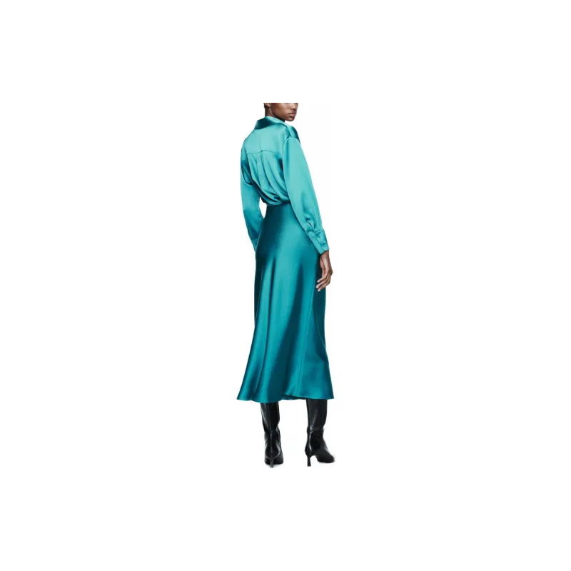 ZARA Casual Long Skirts Women's Dark Blue Green-2