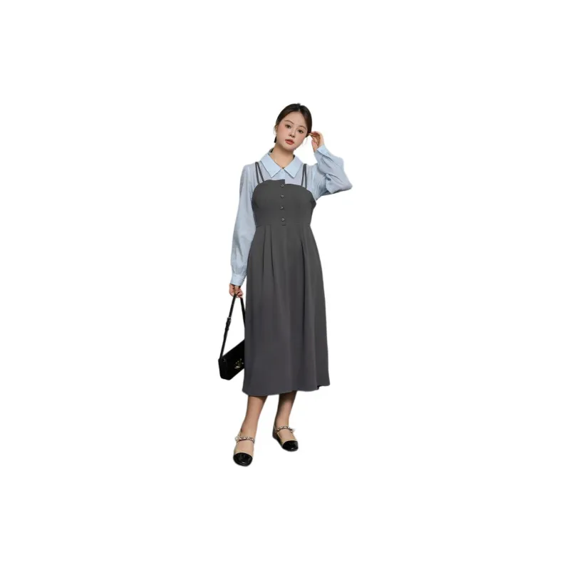 DAMABAIFENBAI Long Sleeved Dresses Women's Gray Blue-3