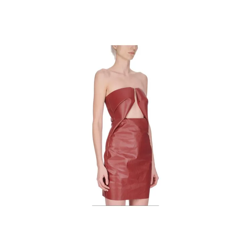 RICK OWENS/RO Prong Mini In Cardinal Red Coated Stretch Denim Sleeveless Dress Women's Red-3