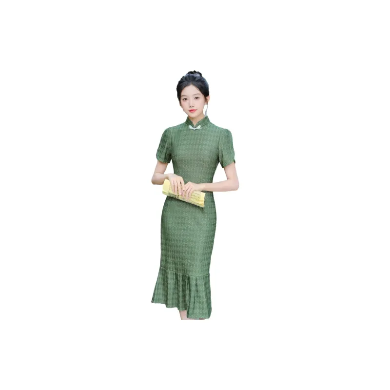 Red Colored Clothes Cheongsam Women's Green-2