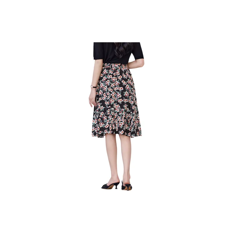 H-YXIANG Casual Long Skirts Women's Black Background With Flowers-3