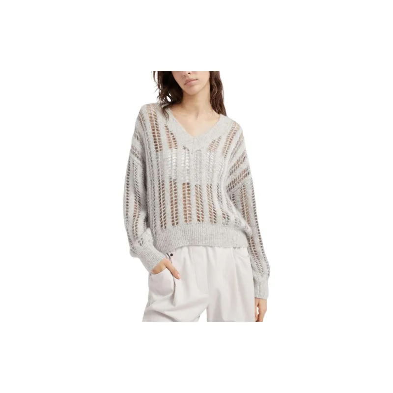 Brunello Cucinelli V Neck Open Knitted Jumper-3