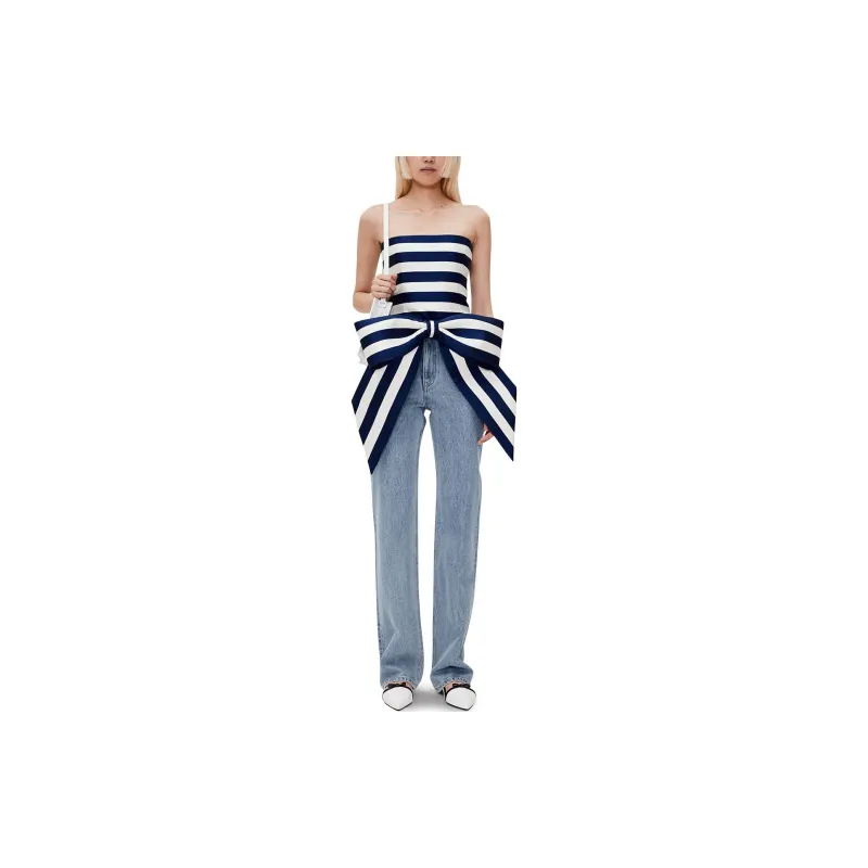KIMHEKIM SS24 RIBBON BELTED MIKADO SILK BANDEAU TOP Strapless Top Women's NAVY/Marine Blue-4