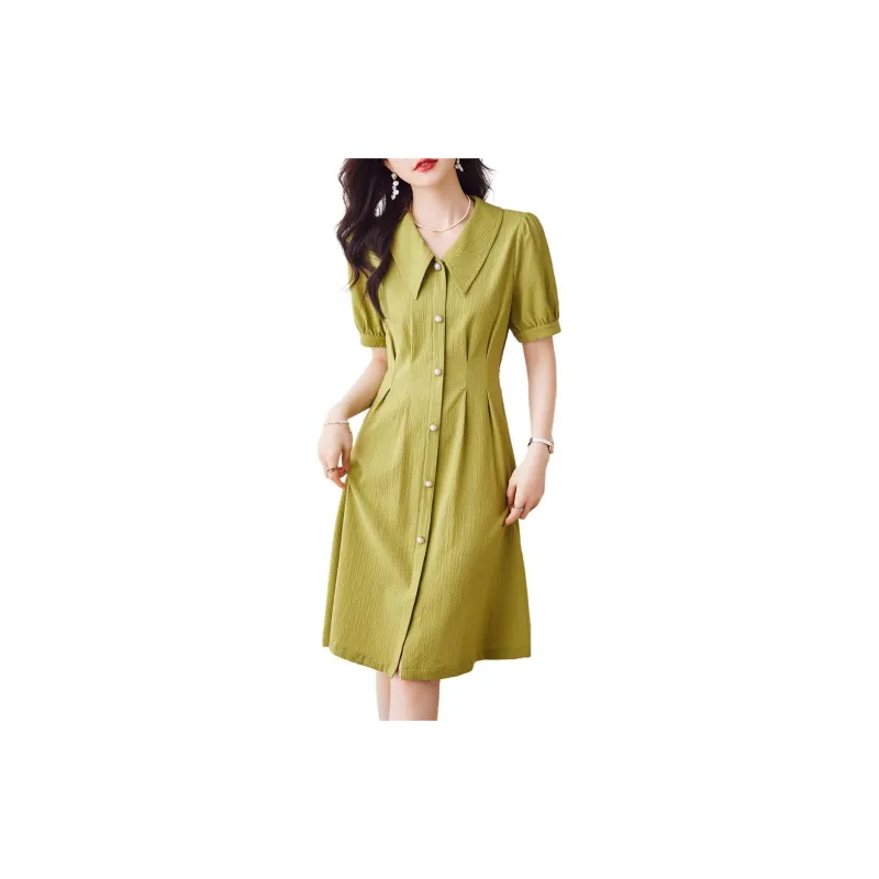 【dme】 Short Sleeved Dress Women's Grass Green-2