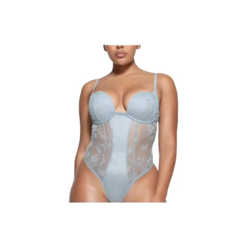 SKIMS ULTRA FINE LACE LINED PLUNGE BODYSUIT Bodysuits Women's DENIM/Denim-1