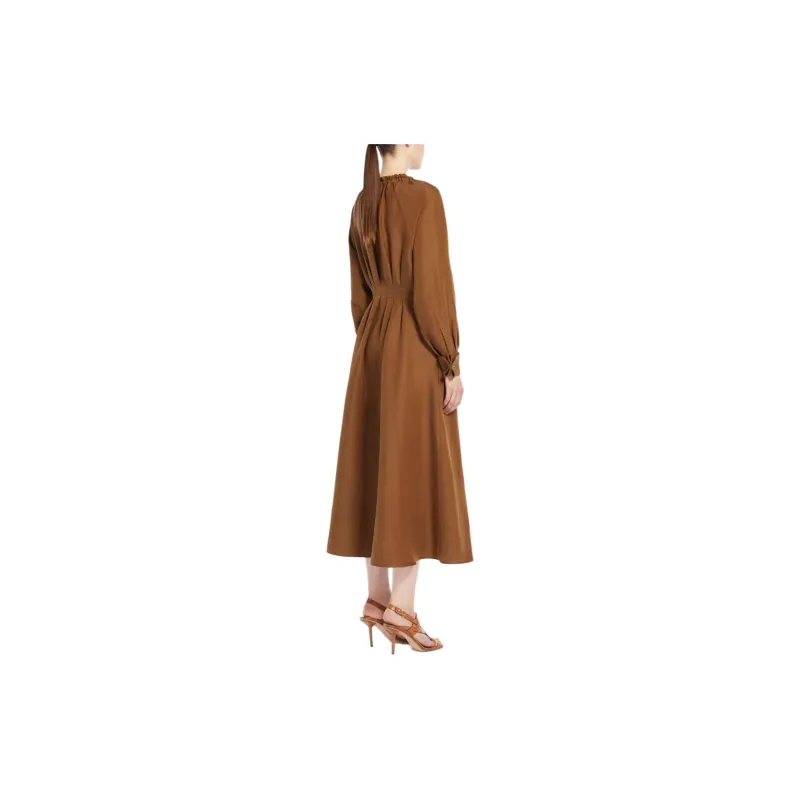 MaxMara Drina Collection Feminine Dress In Linen And Silk Long-Sleeved Dresses Women's Tobacco-2
