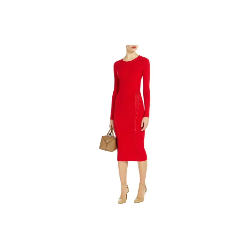 MaxMara Comica Collection Crepe Knit Midi Dress Long Sleeved Dress Women's Red-3