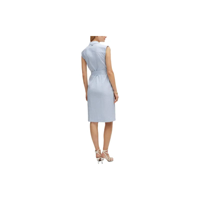 HUGO BOSS Wrap-Front Dress In Striped Stretch-Cotton Seersucker Sleeveless Dress Women's Blue-3