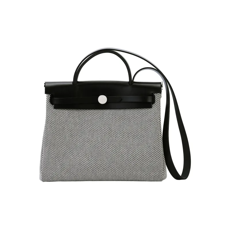 HERMES Herbag Zip Canvas With Leather Portable One Shoulder Canvas Bag Crossbody Bag Unisex Black White-0