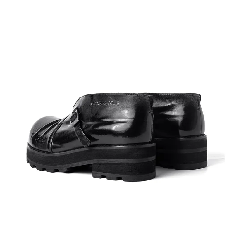 HUANXIANGZHE Round Tip Derby Shoes With Platform Height Increasing Leather Shoes Men's Black-3