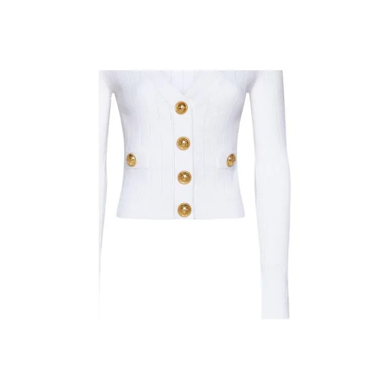 BALMAIN Pointelle knit V neck Cardigan-6