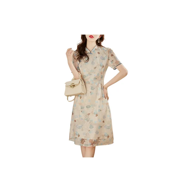 Still Quiet Short Sleeved Dresses Women's Beige-3