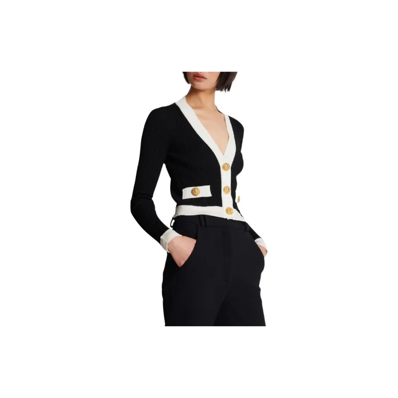 BALMAIN Contrast border Ribbed Knit Cardigan-4
