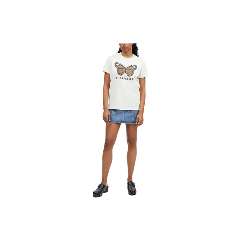 COACH Logo Letter Butterfly Print Crew Neck Short Sleeved T Shirt T Shirt Women's Cream-2