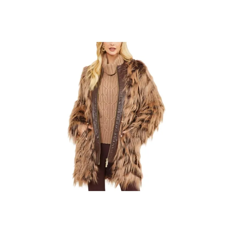 GUESS Dinah Shaggy Coat Jackets Coats Women's Brown-1
