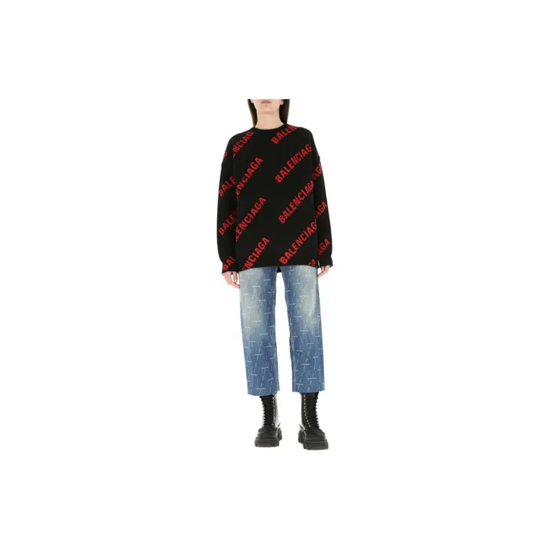 Balenciaga Allover Logo Crewneck 'Black/Red'-3