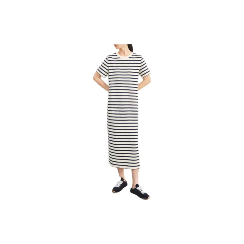 Orange Desire SS24 Short Sleeved Dress Women's White Base Navy Blue Stripes-1