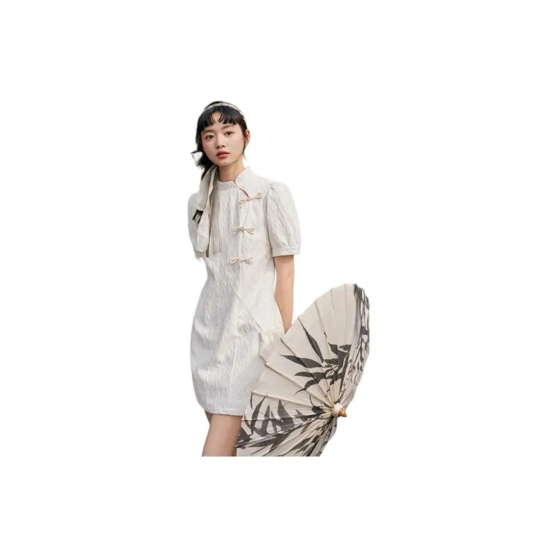 ZIHAN Short Sleeved Dress Women's White Cyan-2