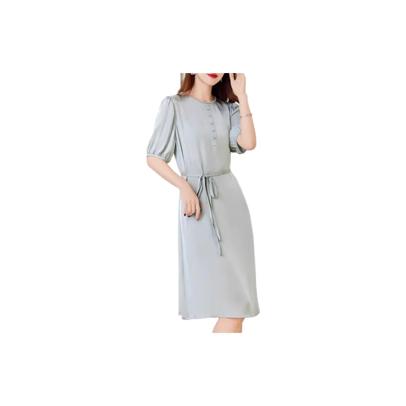 Yi Mengyuan Lace Up Silk Short Sleeved Dress Women's-4