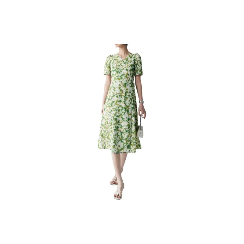 CHUMIAN Short Sleeved Dress Women's Green Land White Flower-3