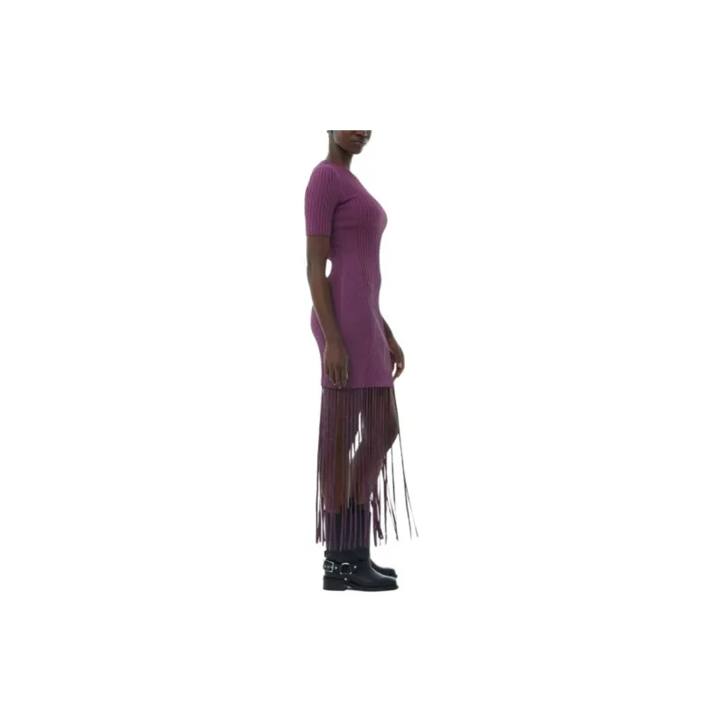GANNI Purple Melange Knit Fringe Short Sleeve Mini Dress Short-Sleeved Dresses Women's Purple-4