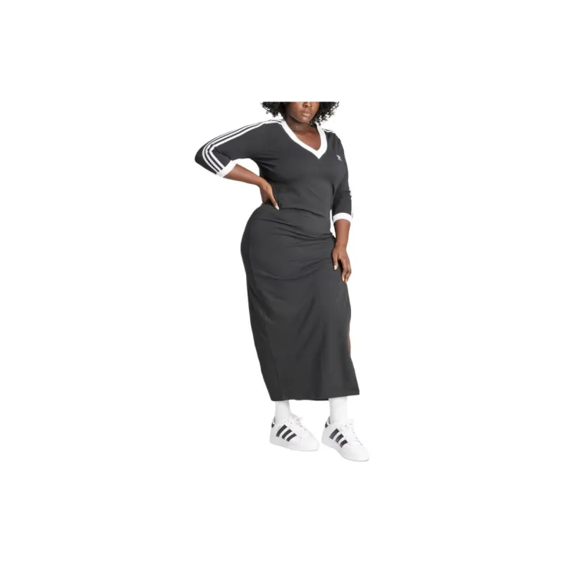 Adidas Originals Adicolor Classics 3 Stripes V Neck Maxi Dress Plus Size-2