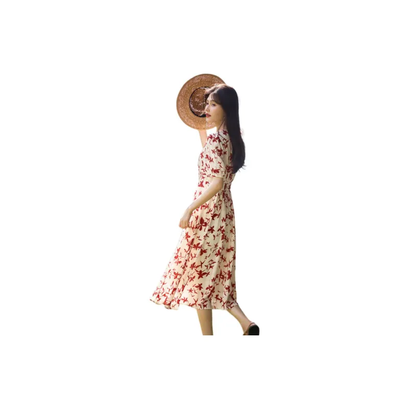 XWI Short Sleeved Dresses Women's Light Beige With Red Flowers-1