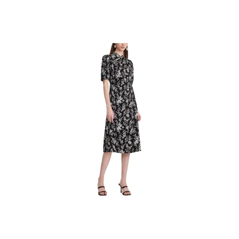 GOELIA Short Sleeved Dress Women's Black Sole Ecru Camellia-1
