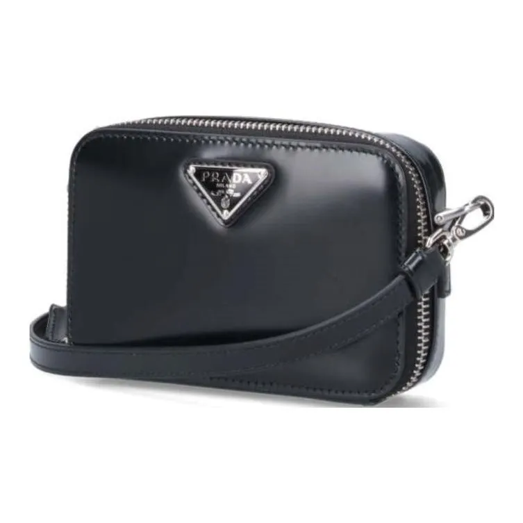 PRADA Leather One Shoulder Crossbody Clutches Mini Men's Black-0