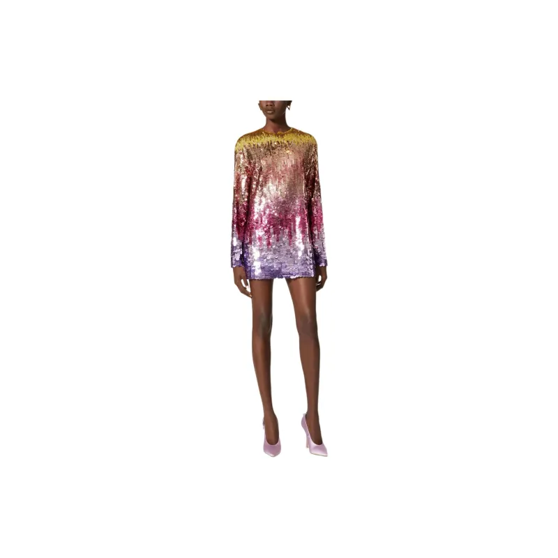 Valentino Tulle Illusione Embroidered Short Dress Long-Sleeved Dresses Women's Multicolor-1