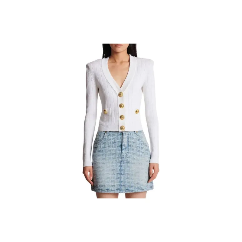 BALMAIN Pointelle knit V neck Cardigan-1