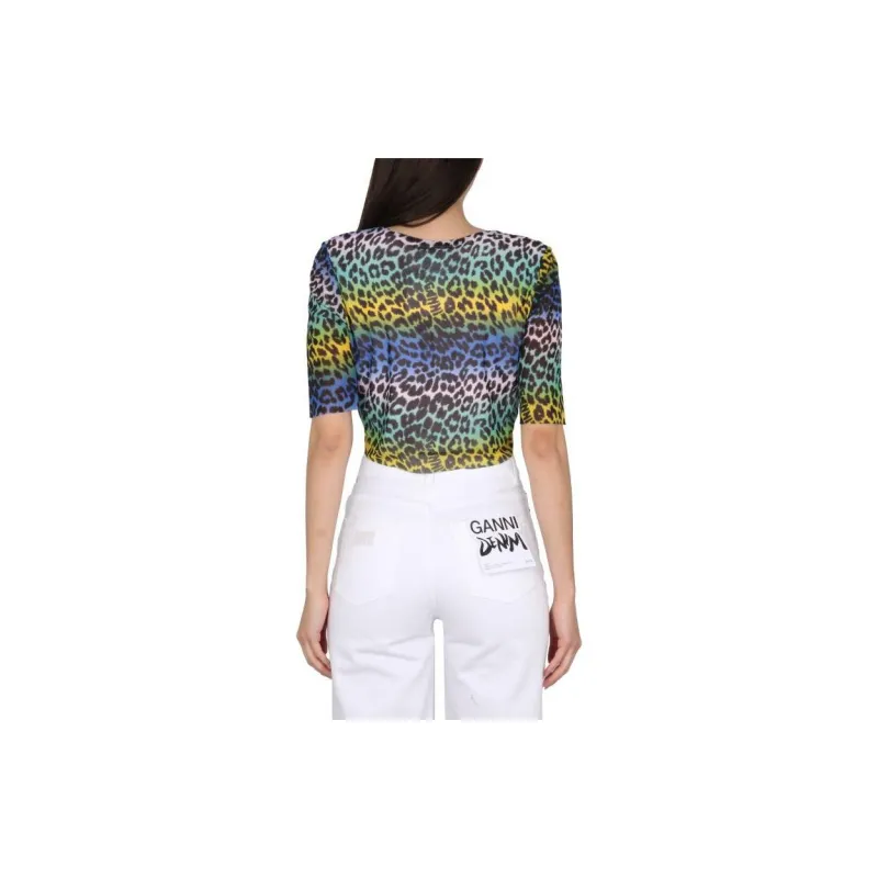 GANNI Leopard-Printed Crewneck Cropped T-Shirt-4