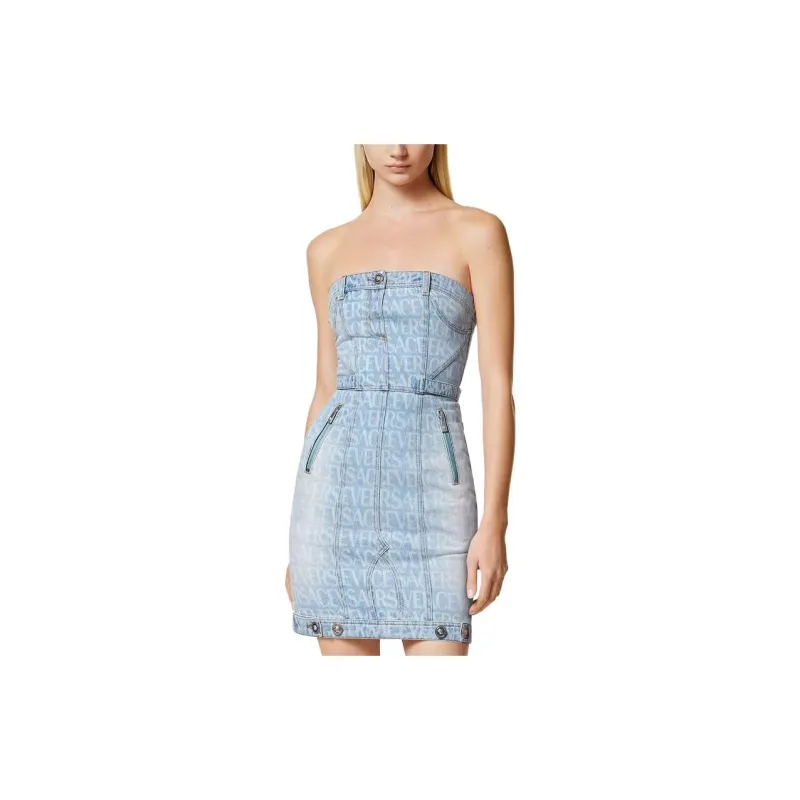 VERSACE All Over Denim Mini Dress 'Light Blue'-2