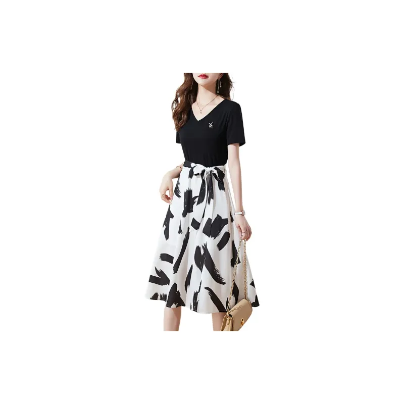 Mo Han Yi Mei Short Sleeved Dress Women's Black Top White Bottom-1