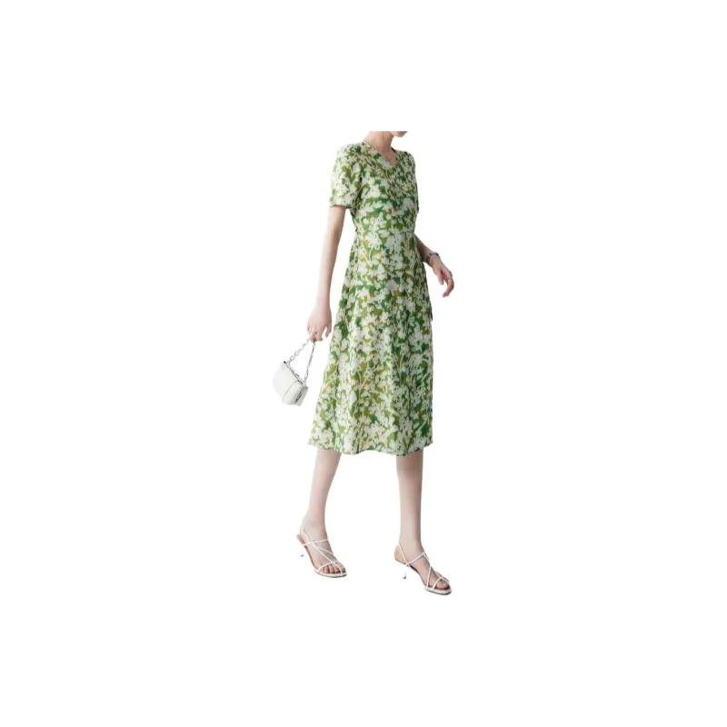 CHUMIAN Short Sleeved Dress Women's Green Land White Flower-4