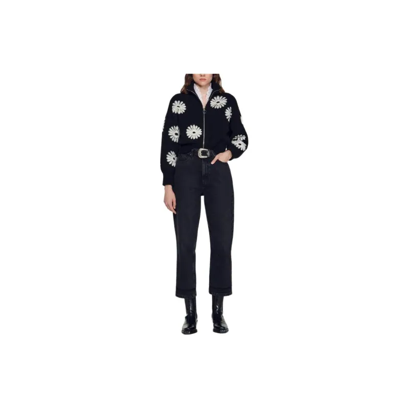 Sandro Floral Trucker Style Sweater Women's Black-2