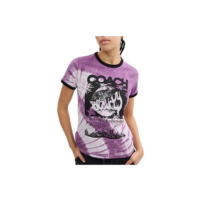 COACH Letter Print Crew Neck Short Sleeved T Shirt T Shirt Women's Purple-1
