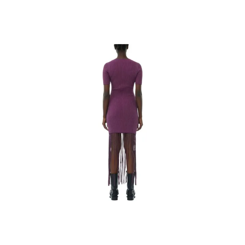 GANNI Purple Melange Knit Fringe Short Sleeve Mini Dress Short-Sleeved Dresses Women's Purple-2