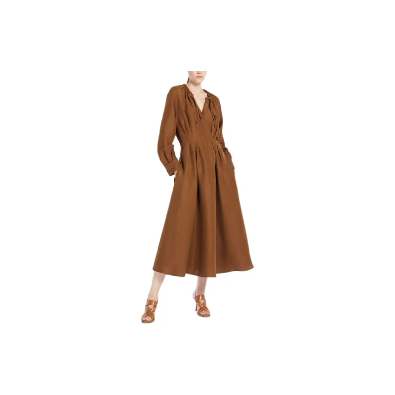 MaxMara Drina Collection Feminine Dress In Linen And Silk Long-Sleeved Dresses Women's Tobacco-3