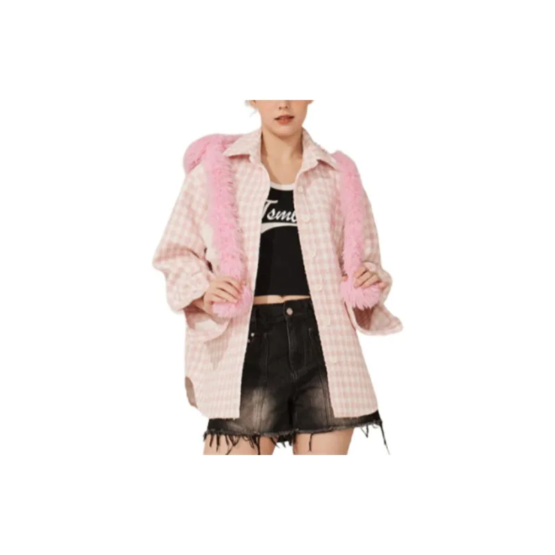 TSMLXLT Jackets Coats Women's Pink Plaid-2