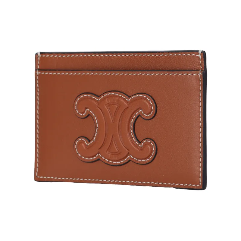 CELINE Triomphe Cow Leather Card Clip Money Clip Card Holder Women's Tan-2