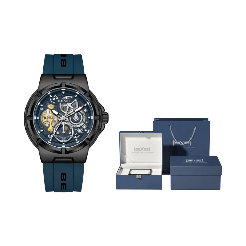 BEXEI Black Warrior Mechanical Movement Rubber Strap Watch Men's Watches Cut-Out Dial-22