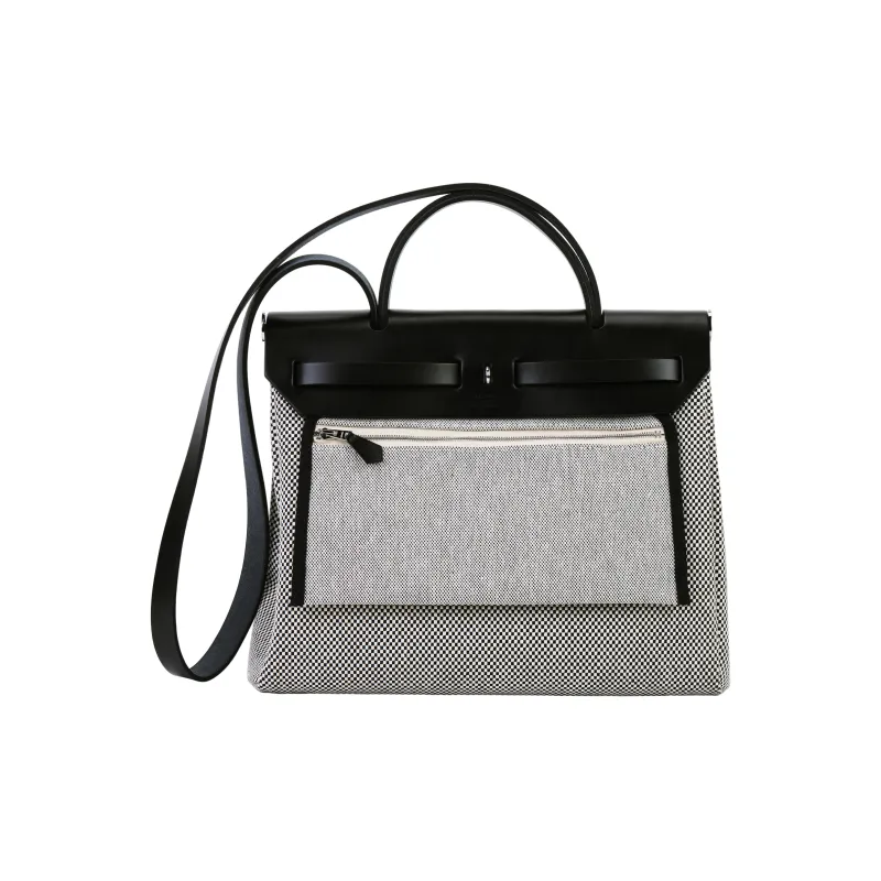 HERMES Herbag Zip Canvas With Leather Portable One Shoulder Canvas Bag Crossbody Bag Unisex Black White-5
