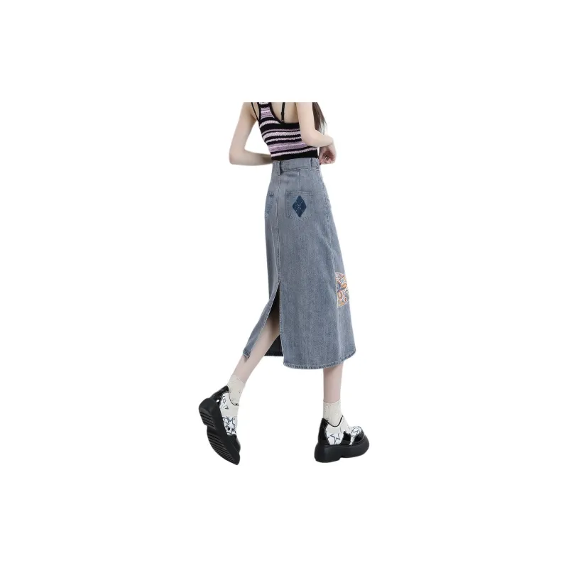 Weixi Denim Long Skirts Women's Blue-9