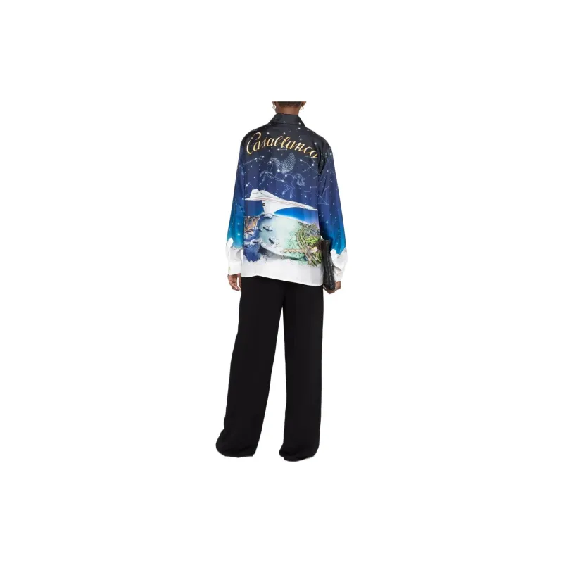 CASABLANCA Vol De Nuit Silk Twill Button Down Shirt 'Blue'-3