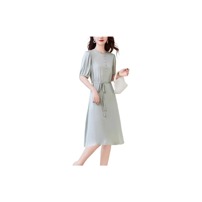 Yi Mengyuan Lace Up Silk Short Sleeved Dress Women's-2