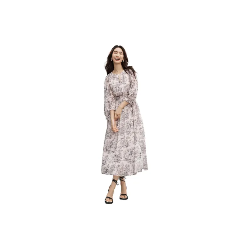 Hopeshow Long Sleeved Dress Women's Pink With Floral Pattern-2