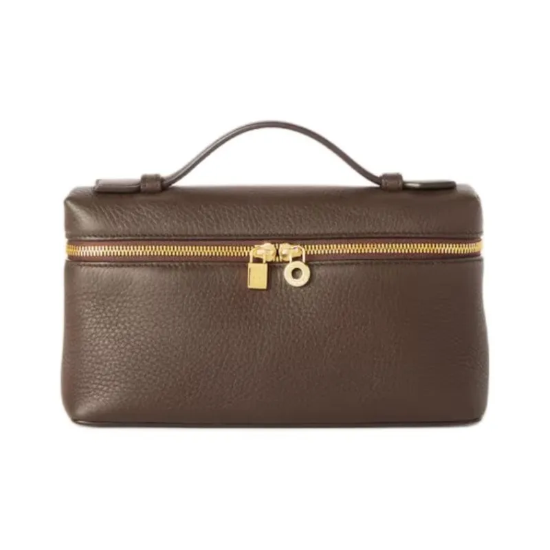 Loro Piana Cow Leather Shoulder Bag Crossbody Bag Handbag Women's Dark Licorice Chocolate With Sun Gold-0
